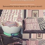 Collage of images that depict a reversible pillow that states "Love Yourself" on one side and "Go Fuck Yourself" on the other side, representative of a crochet pattern available from Classy Lady Yarnworks.