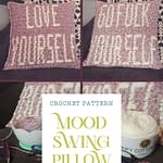 Collage of images that depict a reversible pillow that states "Love Yourself" on one side and "Go Fuck Yourself" on the other side, representative of a crochet pattern available from Classy Lady Yarnworks.